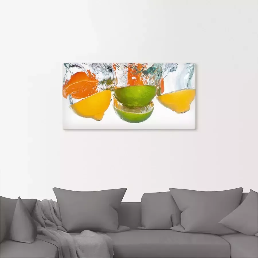 Artland Artprint Citrusvruchten vallen in helder water als artprint op linnen poster muursticker in verschillende maten