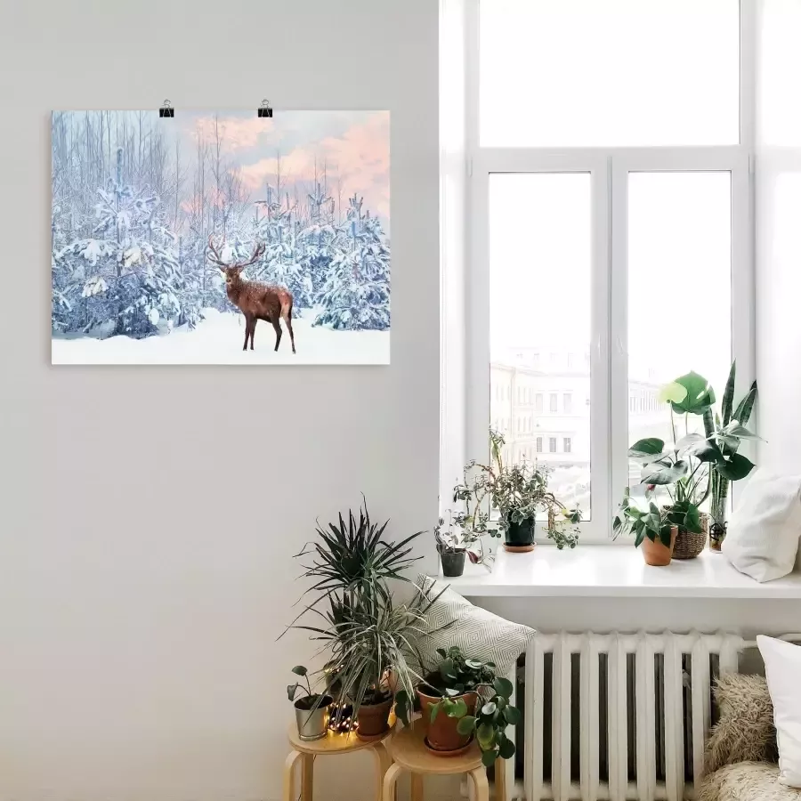 Artland Artprint Edelhert in het winterbos als artprint op linnen poster in verschillende formaten maten