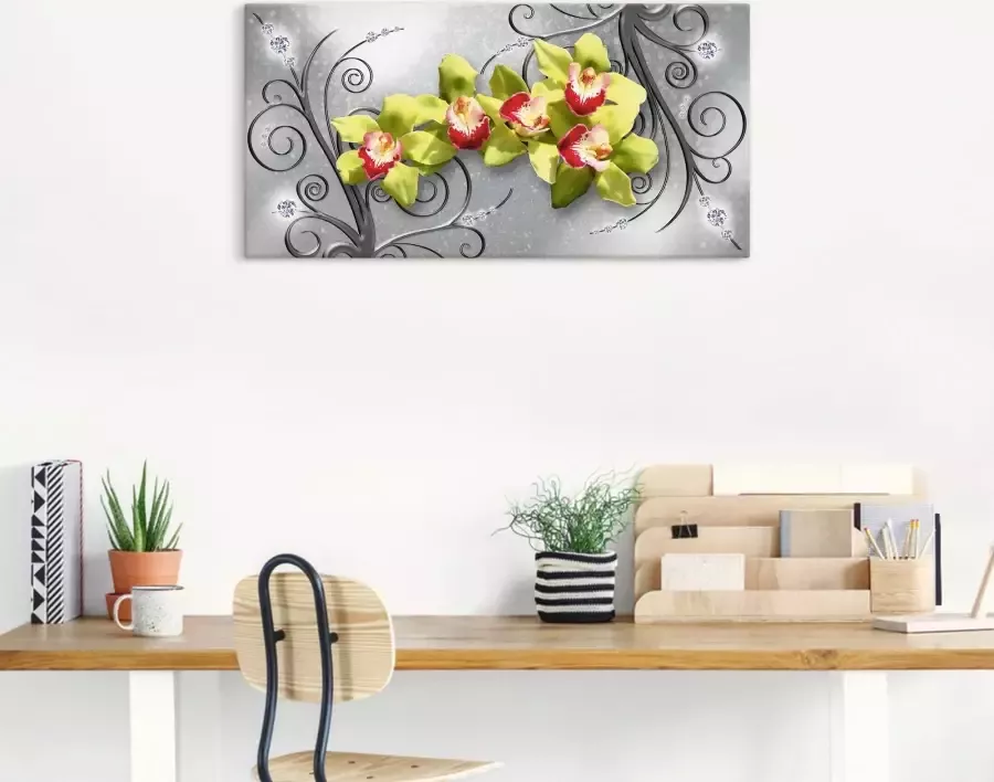 Artland Artprint Groene orchideeën op ornamenten als artprint van aluminium artprint voor buiten artprint op linnen poster muursticker - Foto 1