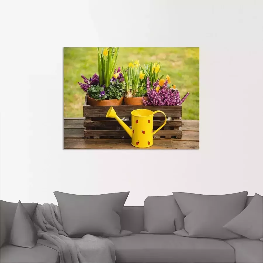 Artland Artprint Houten kistje heide narcis gieter als artprint van aluminium artprint voor buiten artprint op linnen in verschillende maten