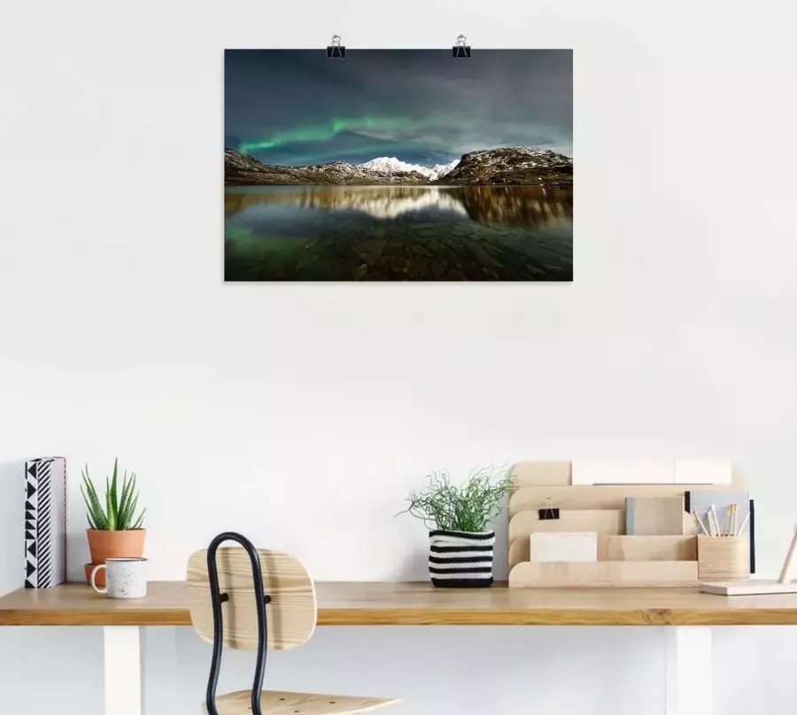 Artland Artprint Noorderlicht over van een bergketen als artprint van aluminium artprint op linnen muursticker of poster in verschillende maten - Foto 3