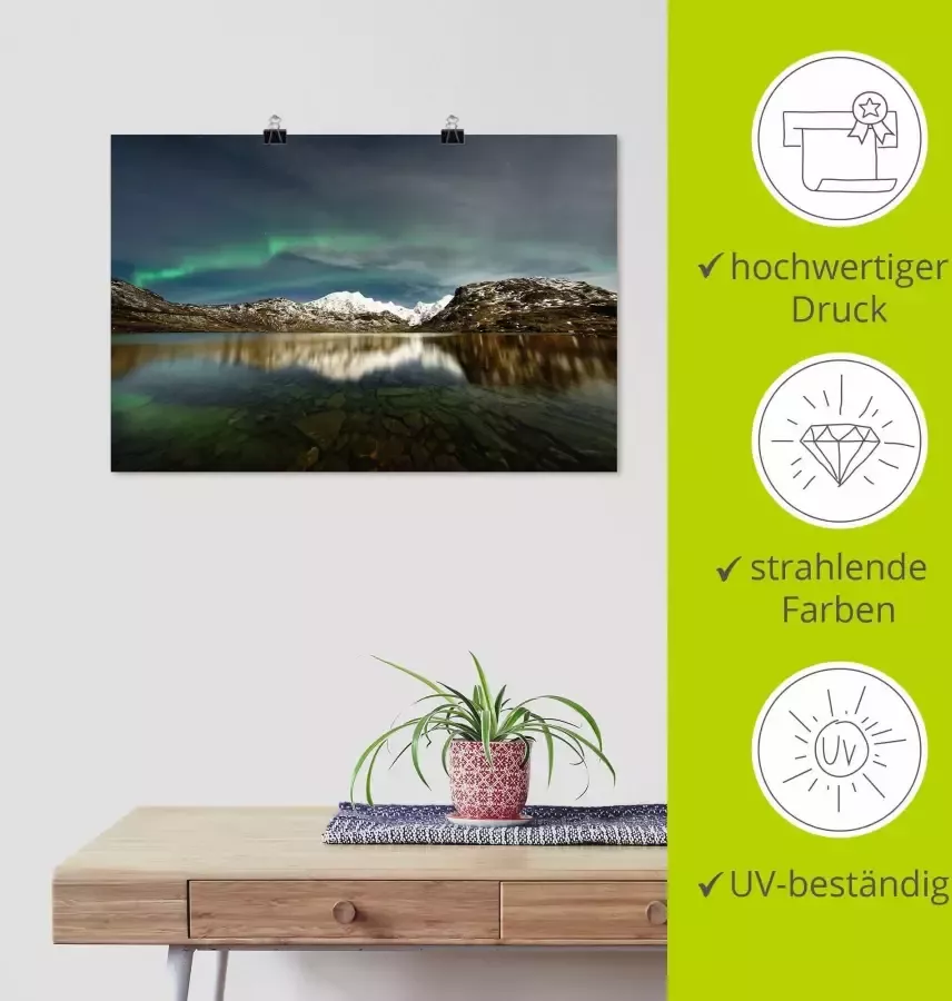 Artland Artprint Noorderlicht over van een bergketen als artprint van aluminium artprint op linnen muursticker of poster in verschillende maten - Foto 2