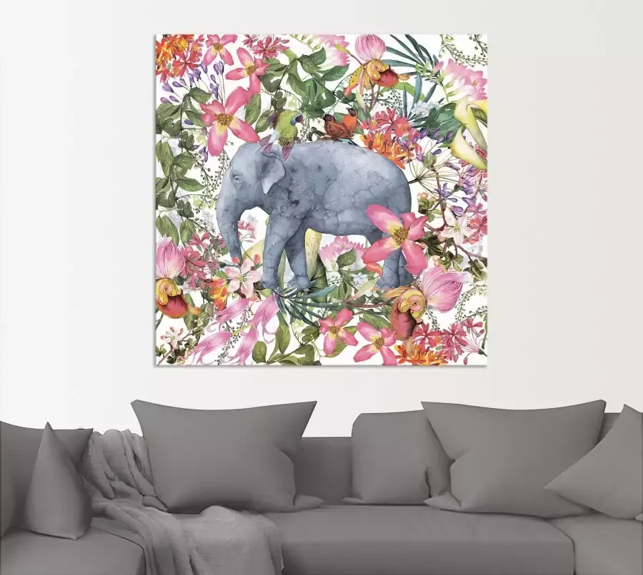 Artland Artprint Olifant in bloemen jungle als artprint op linnen poster in verschillende formaten maten - Foto 1