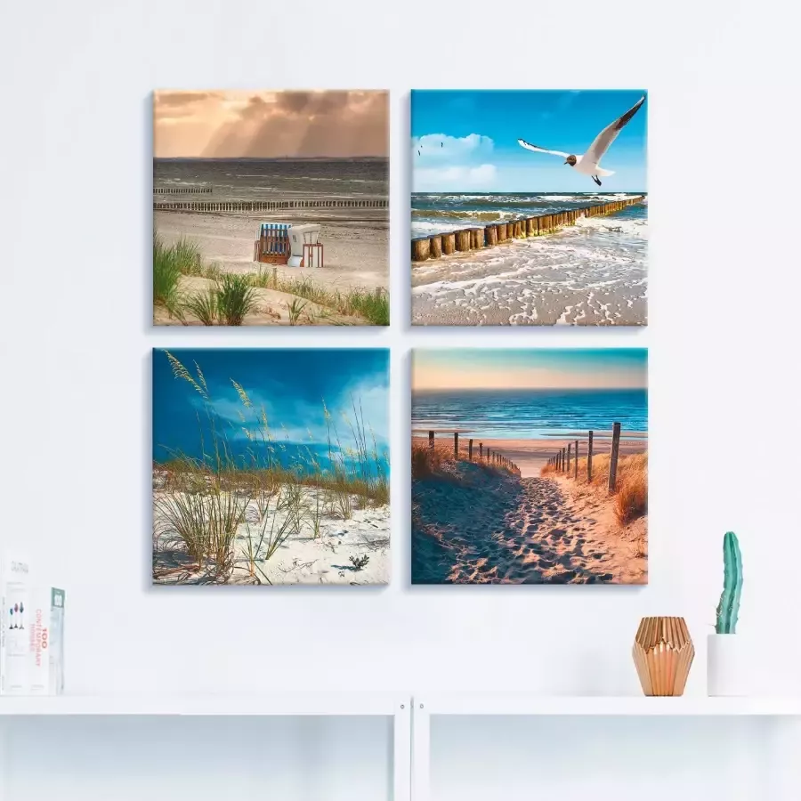 Artland Artprint op linnen Eenzaam strand Oostzee zandduinen grassen (4-delig)