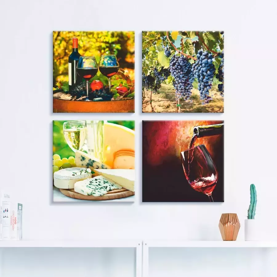 Artland Artprint op linnen Glazen met wijn druiven kaas (4-delig)