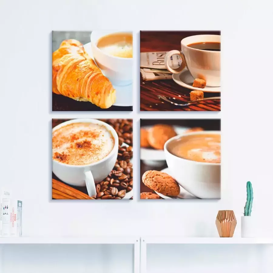 Artland Artprint op linnen Koffiekopjes en krant café au lait (4-delig)