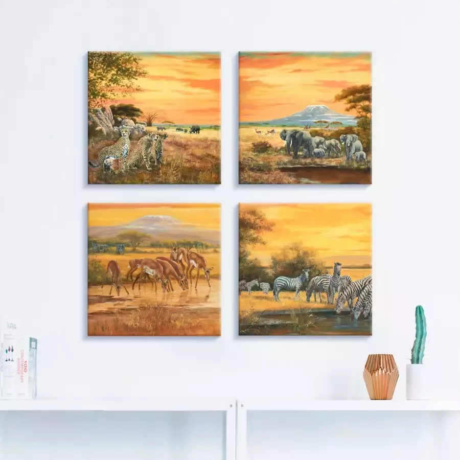 Artland Artprint op linnen Luipaarden olifanten zebra s op de steppe (4-delig)