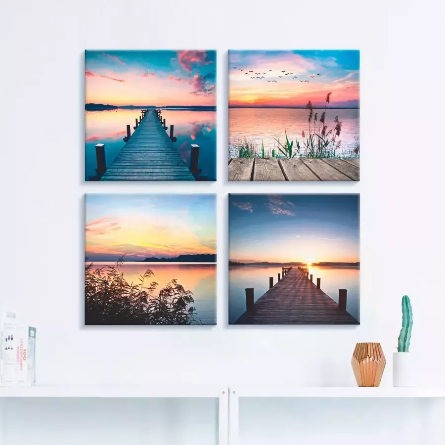 Artland Artprint op linnen Pier meer avondrood riet zonnestralen (4-delig)