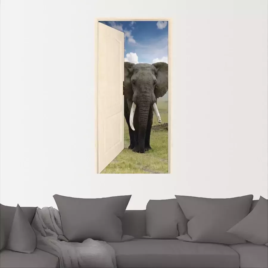 Artland Artprint Open witte deur met blik op olifant als artprint op linnen poster muursticker in verschillende maten