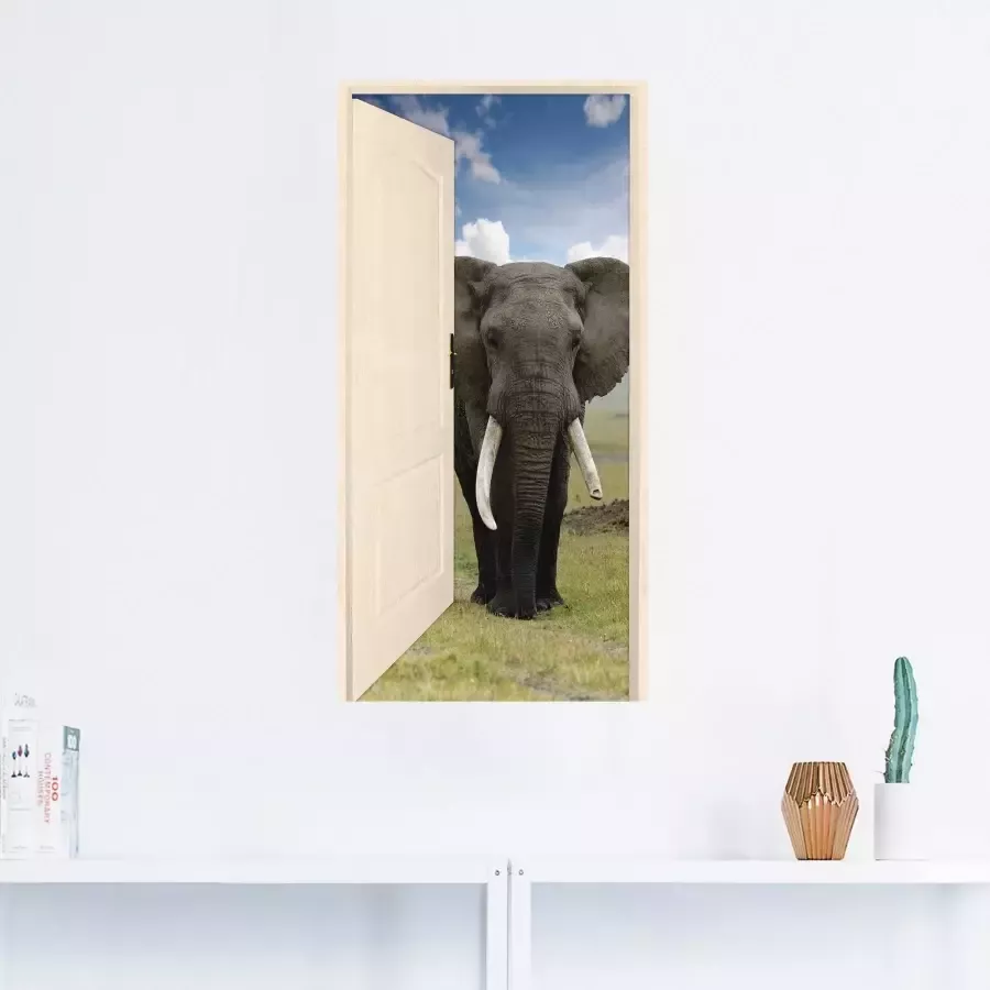 Artland Artprint Open witte deur met blik op olifant als artprint op linnen poster muursticker in verschillende maten - Foto 2