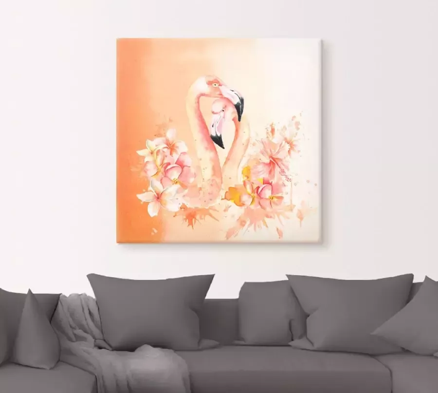 Artland Artprint Oranje flamingo In Love- illustratie als artprint op linnen poster in verschillende formaten maten