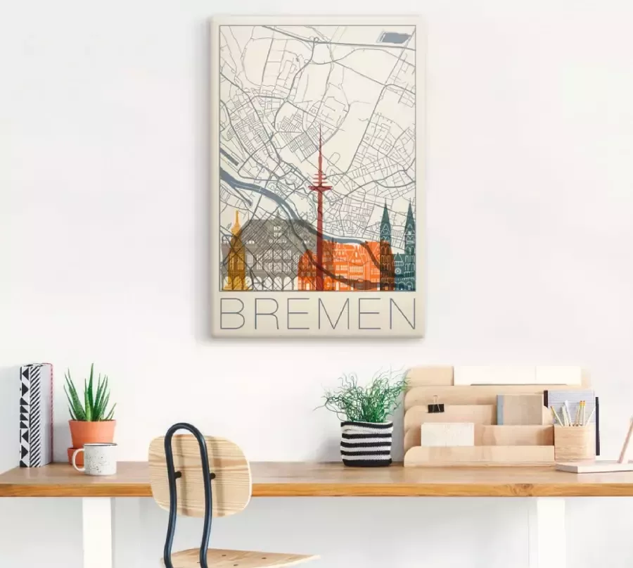 Artland Artprint Retro kaart Bremen als artprint van aluminium artprint voor buiten poster in diverse formaten