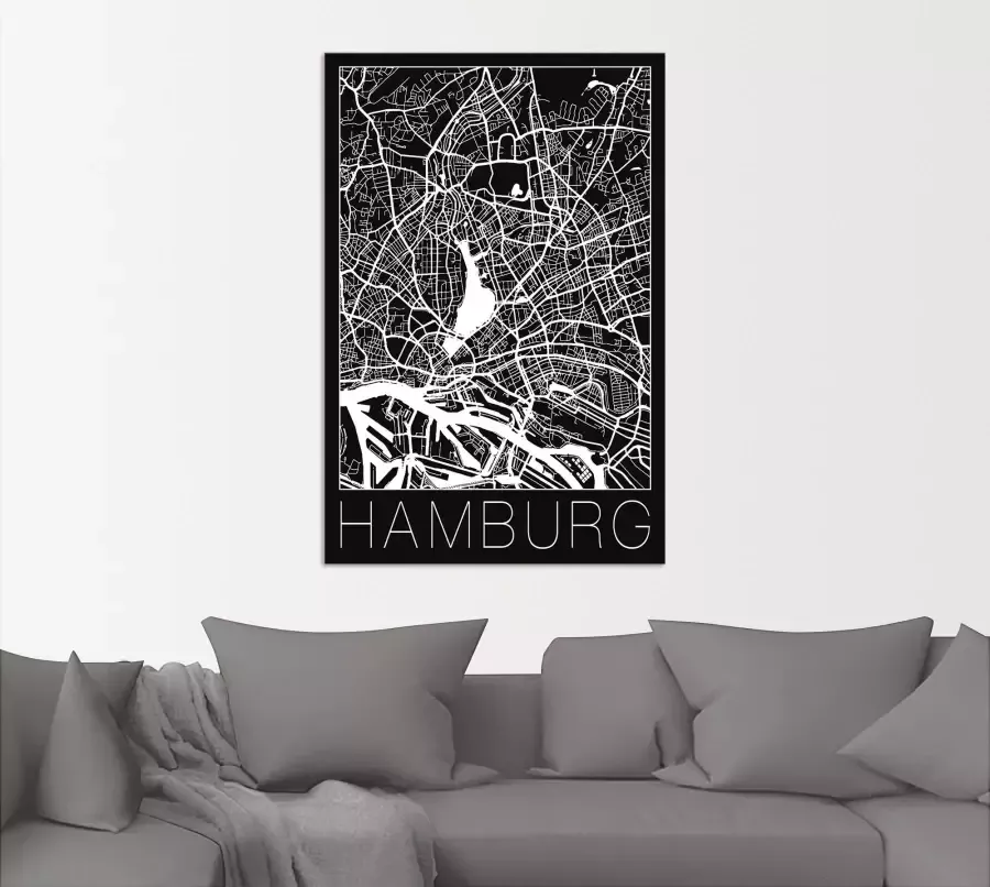 Artland Artprint Retro kaart Hamburg Duitsland zwart als artprint van aluminium artprint voor buiten artprint op linnen poster in verschillende maten. maten - Foto 3