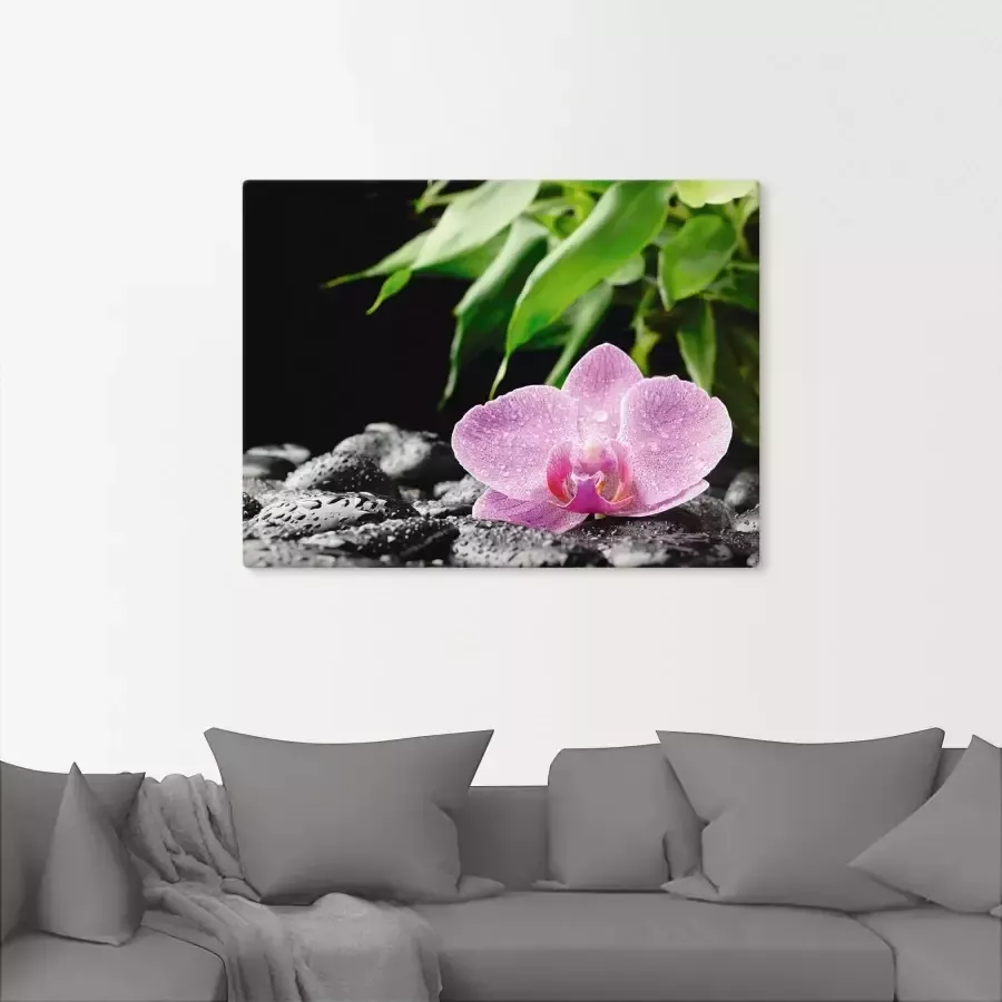 Artland Artprint Roze orchidee op zwarte zen stenen als artprint op linnen poster in verschillende formaten maten - Foto 1