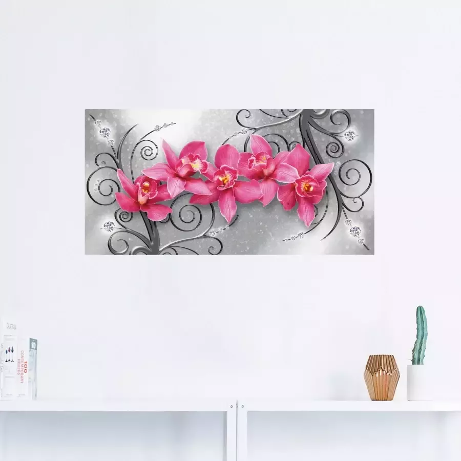 Artland Artprint Roze pioenrozen in glazen vaas Roze orchideeën op ornamenten als artprint van aluminium artprint voor buiten artprint op linnen poster muursticker - Foto 1