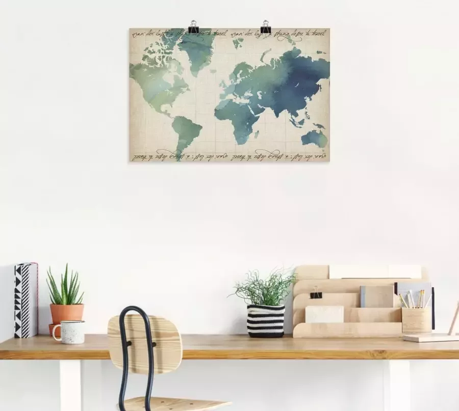 Artland Artprint op linnen Waterverf wereldkaart gespannen op een spieraam - Foto 2