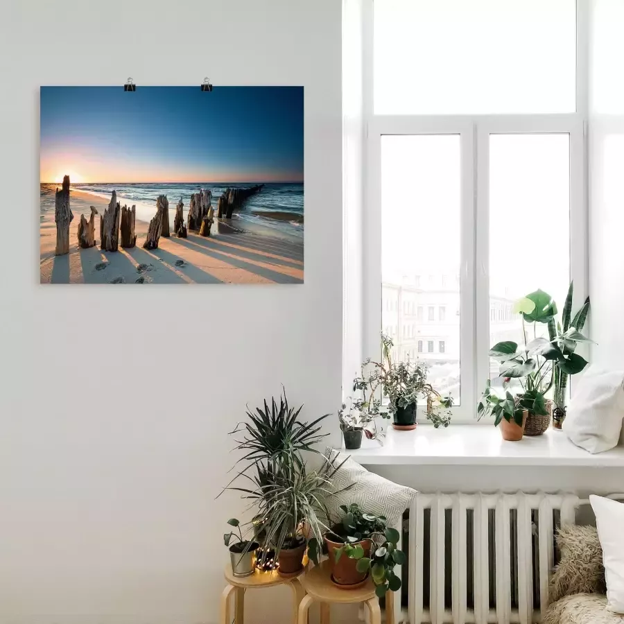 Artland Artprint Zonsondergang strand golfbreker als artprint van aluminium artprint voor buiten artprint op linnen poster muursticker