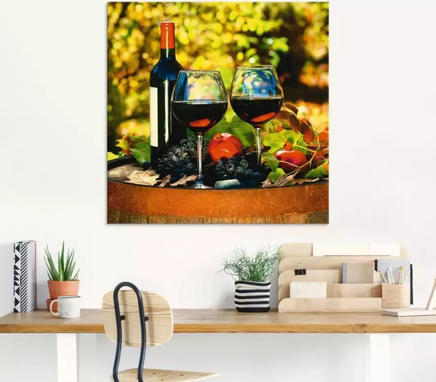 Artland Print op glas Glazen met rode wijn op oud vat - Foto 2