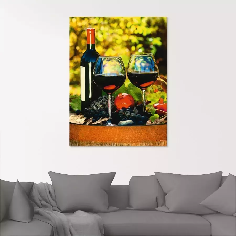 Artland Print op glas Glazen met rode wijn op oud vat