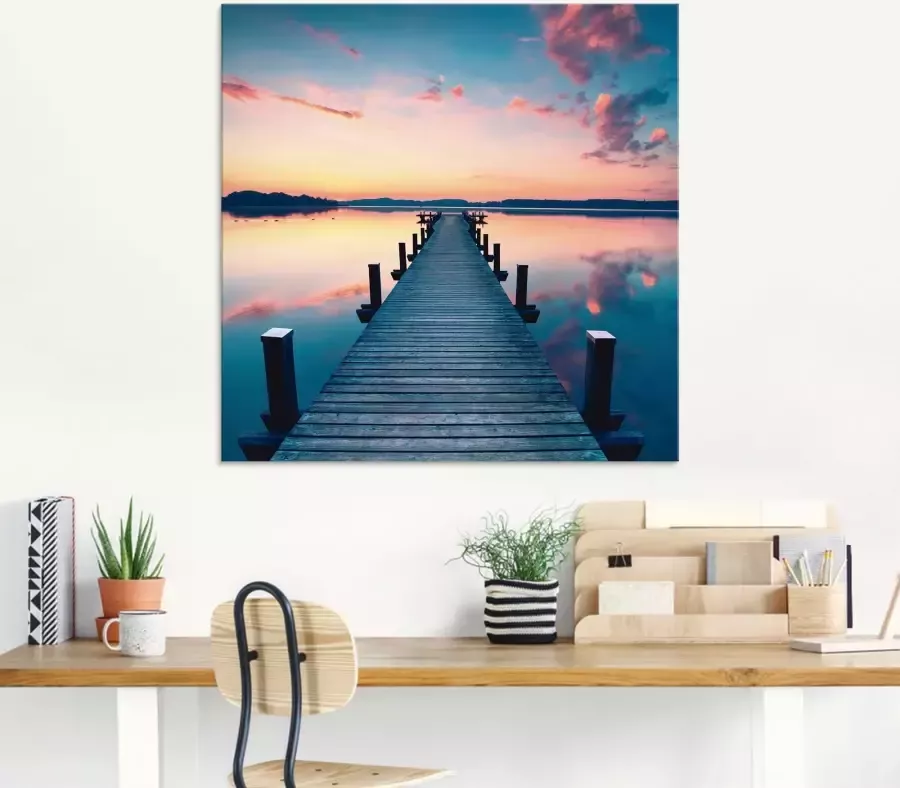 Artland Print op glas Lange pier aan het meer in zonsopkomst - Foto 4