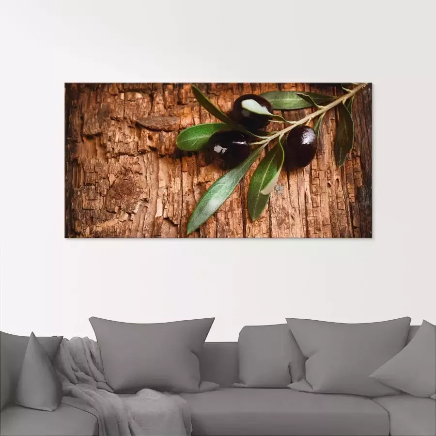 Artland Print op glas Olijven voor een houten achtergrond