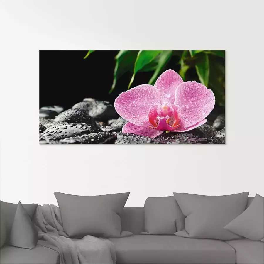 Artland Print op glas Roze orchidee op zwarte zen stenen - Foto 1