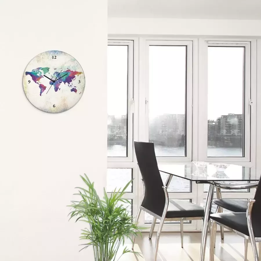 Artland Wandklok Glazen klok rond veelkleurige wereldkaart optioneel verkrijgbaar met kwarts- of radiografisch uurwerk geruisloos zonder tikkend geluid - Foto 2