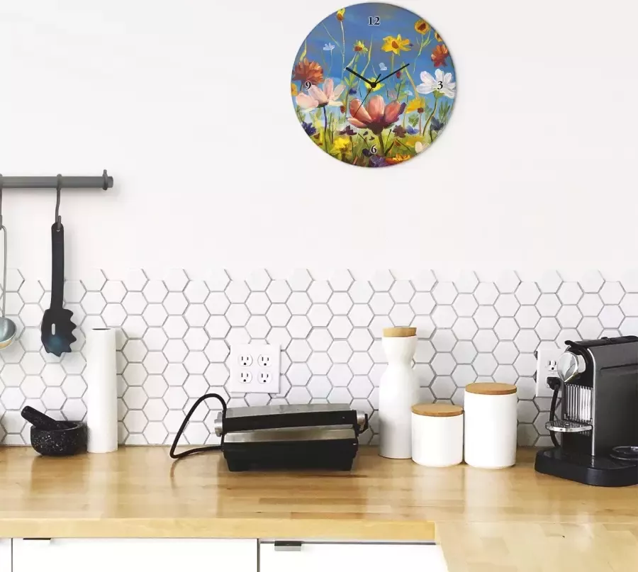 Artland Wandklok Glazen klok rond weide met wilde bloemen optioneel verkrijgbaar met kwarts- of radiografisch uurwerk geruisloos zonder tikkend geluid - Foto 3