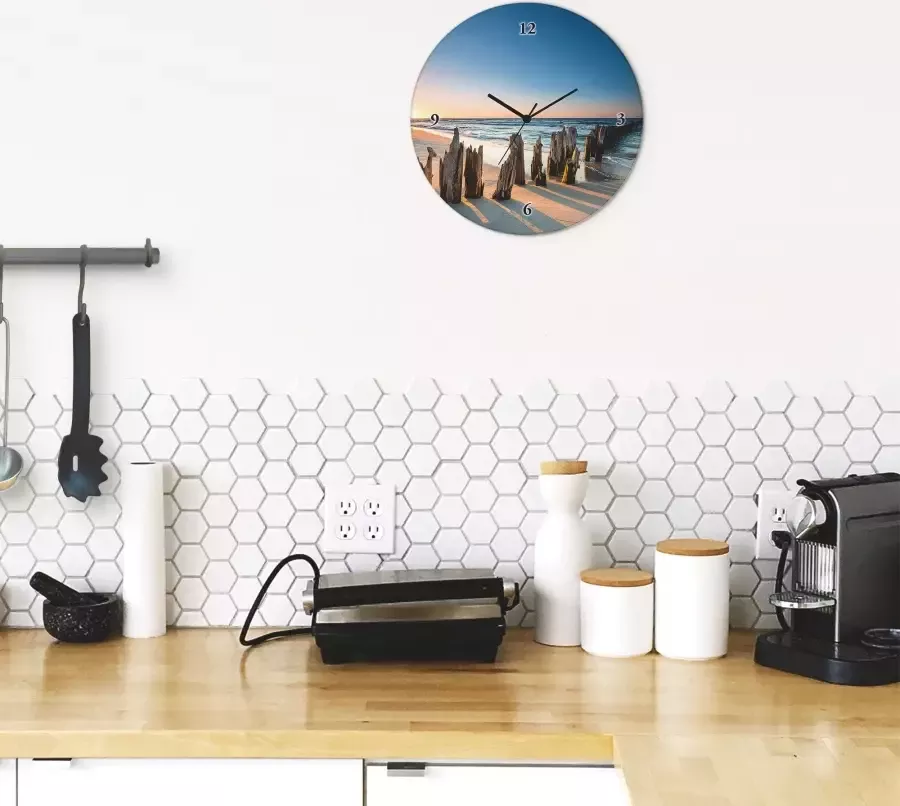 Artland Wandklok Glazen klok rond zonsondergang strand golfbreker optioneel verkrijgbaar met kwarts- of radiografisch uurwerk geruisloos zonder tikkend geluid - Foto 6