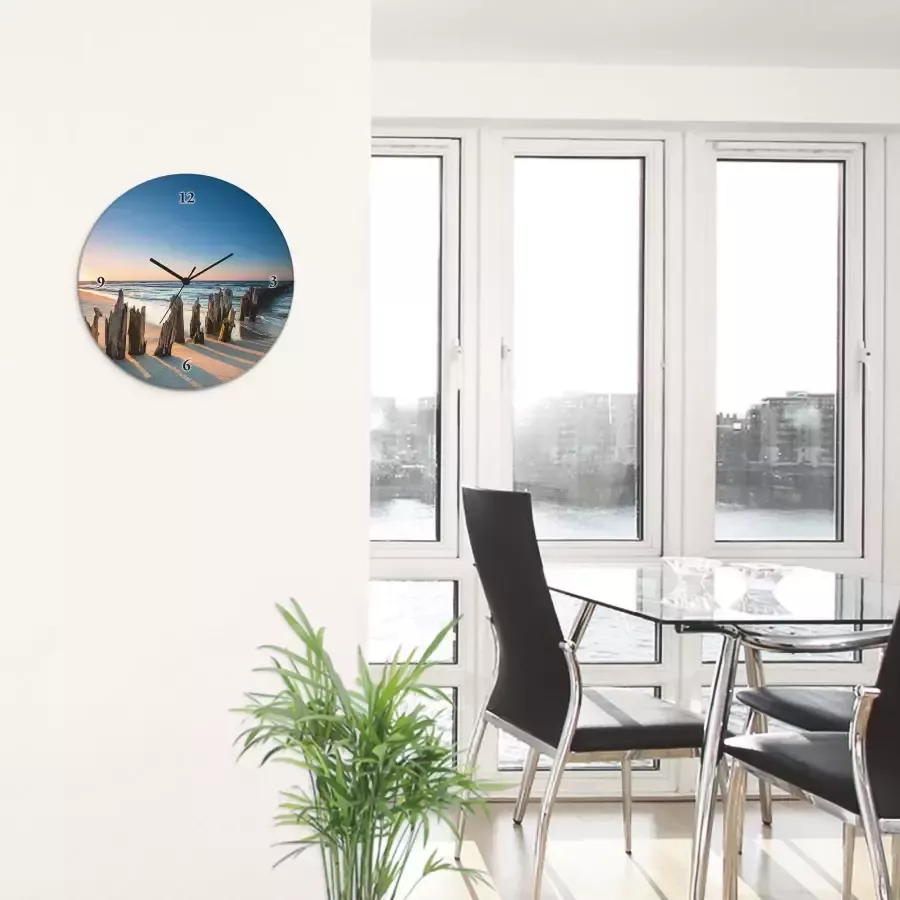 Artland Wandklok Glazen klok rond zonsondergang strand golfbreker optioneel verkrijgbaar met kwarts- of radiografisch uurwerk geruisloos zonder tikkend geluid
