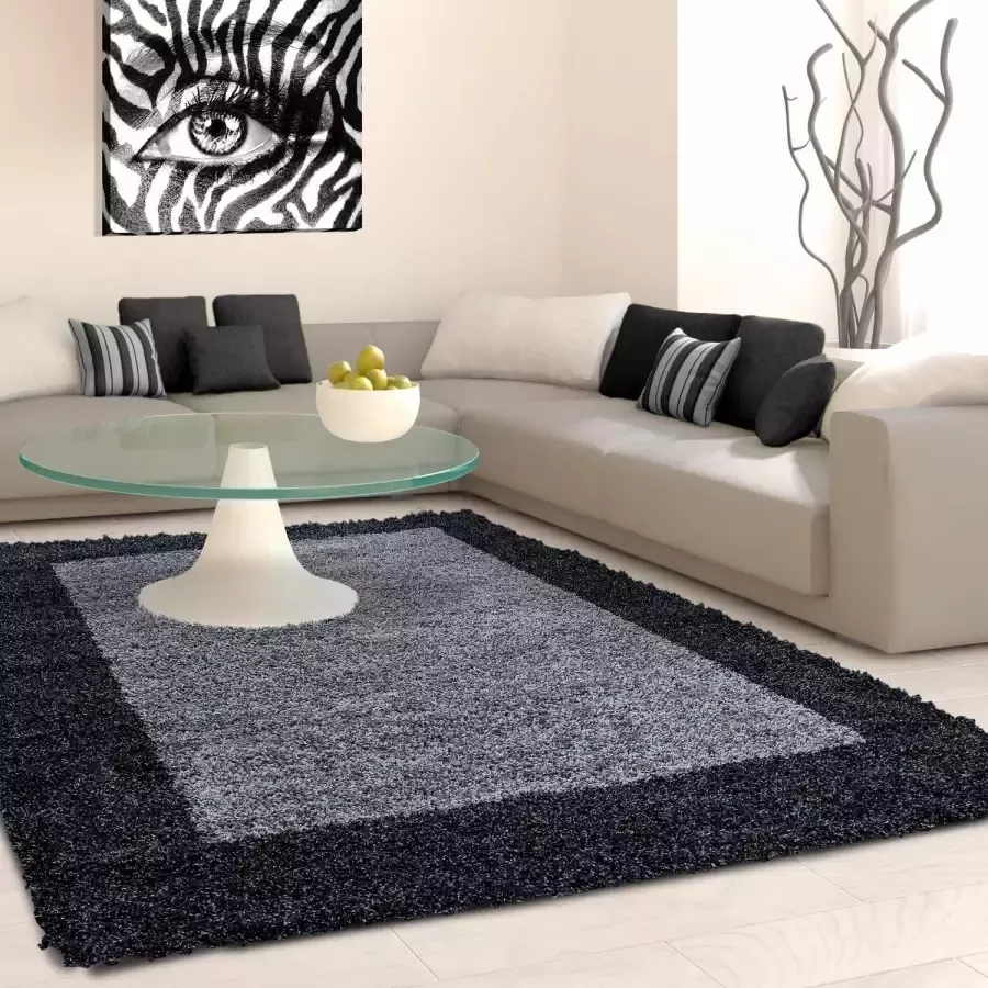 Adana Carpets Hoogpolig vloerkleed antraciet grijs met lijstmotief 200x290cm - Foto 4