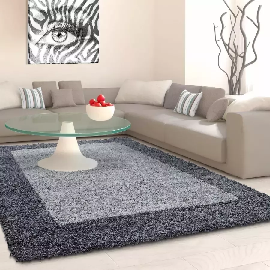 Adana Carpets Hoogpolig vloerkleed grijs licht grijs met lijstmotief 200x290cm - Foto 3