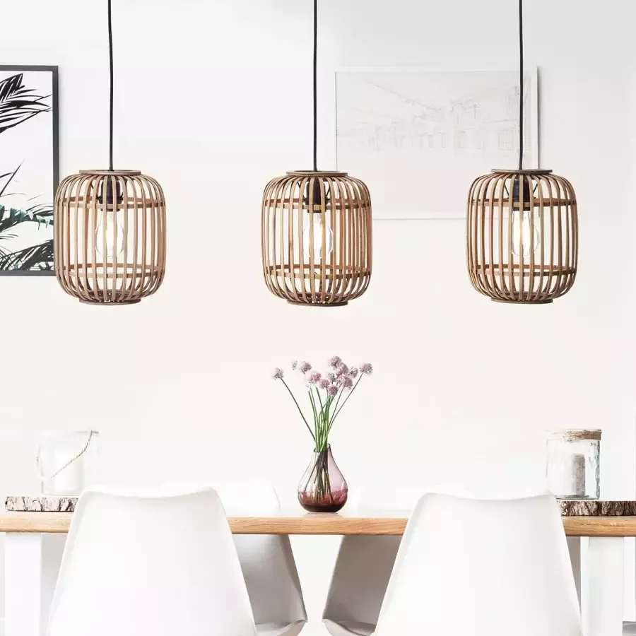 Brilliant Leuchten Hanglamp Woodrow 130 cm hoogte 105 cm breedte 3x e27 in te korten metaal bamboe lichtbruin (1 stuk) - Foto 1