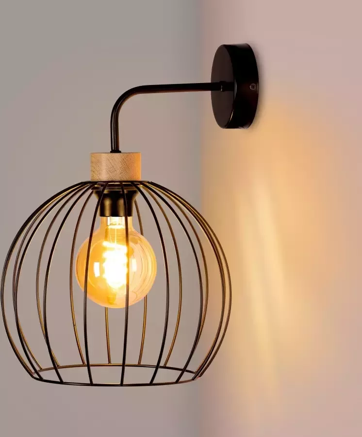 BRITOP LIGHTING Wandlamp COOP Decoratieve lamp van metaal met elementen van eikenhout (1 stuk) - Foto 1