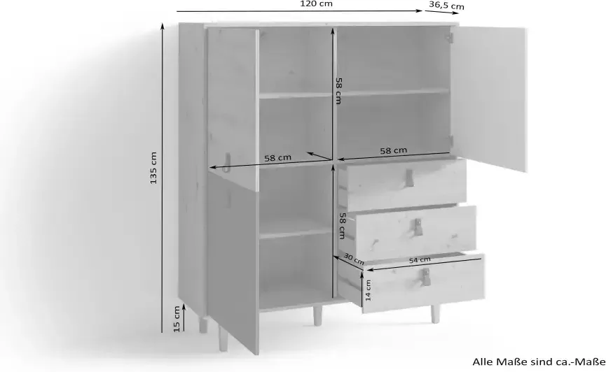 INOSIGN Highboard Bill met drie lades en drie deuren 120 cm breed met verstelbare legplanken massieve houten poten - Foto 5
