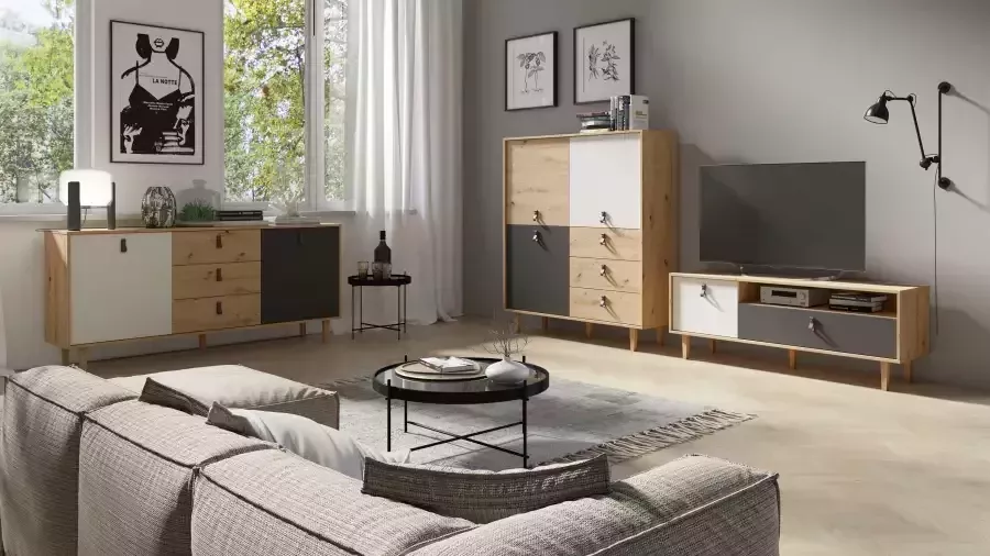 INOSIGN Highboard Bill met drie lades en drie deuren 120 cm breed met verstelbare legplanken massieve houten poten - Foto 6
