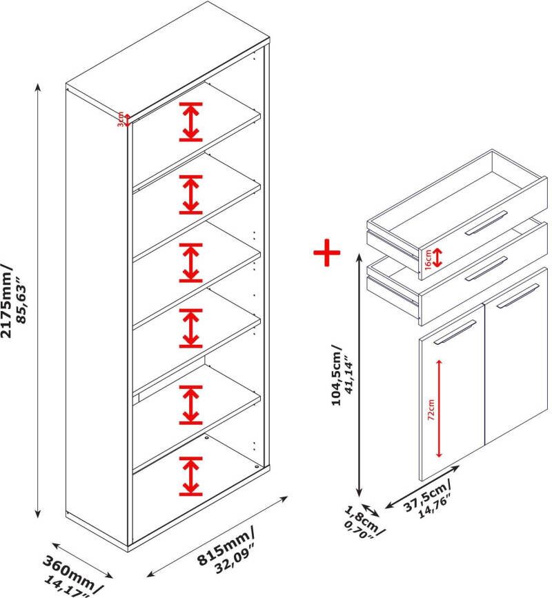 Composad Archiefkast DISEGNO boekenkast 2 deuren 2 laden 3 open vakken verstelbare planken hoogte 217 cm 100% gerecycled hout made in italy