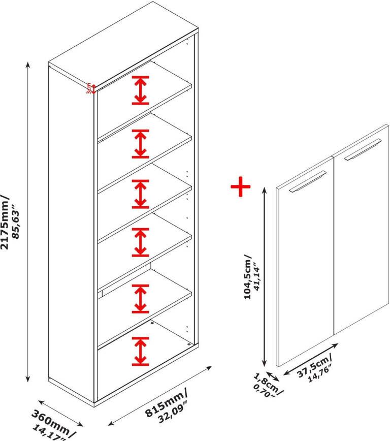 Composad Archiefkast DISEGNO boekenkast 2 deuren 3 open vakken fronten gelakt verstelbare planken hoogte 217 cm 100% gerecycled hout made in italy