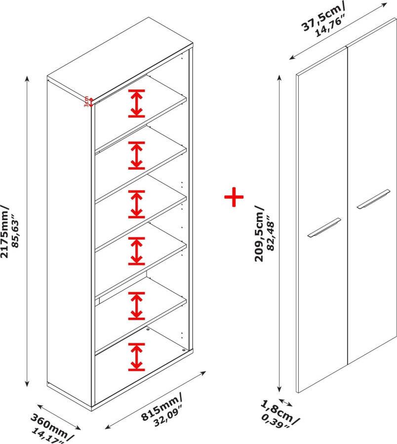 Composad Archiefkast DISEGNO boekenkast 2 deuren fronten gelakt verstelbare planken hoogte 217 cm 100% gerecycled hout made in italy