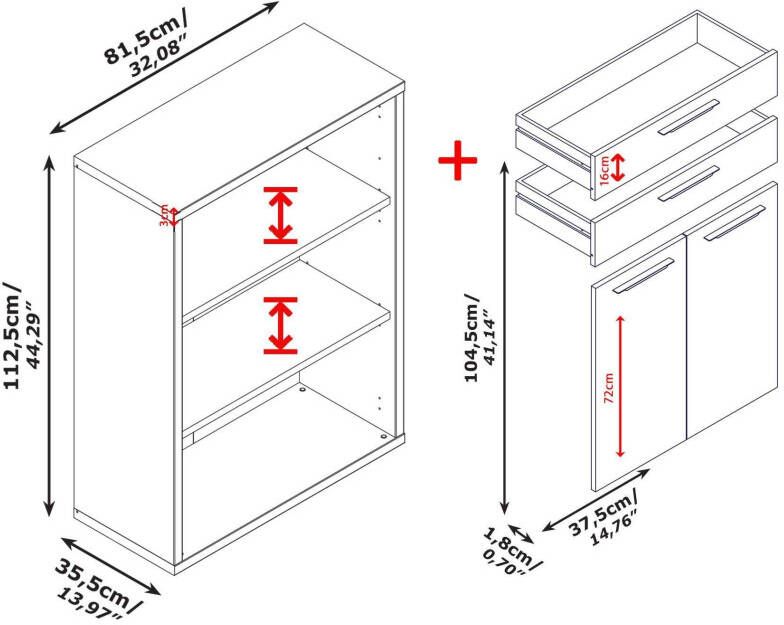 Composad Archiefkast DISEGNO boekenkast met 2 deuren & 2 laden gelakte fronten verstelbare planken hoogte 112 cm 100% gerecycled hout made in italy