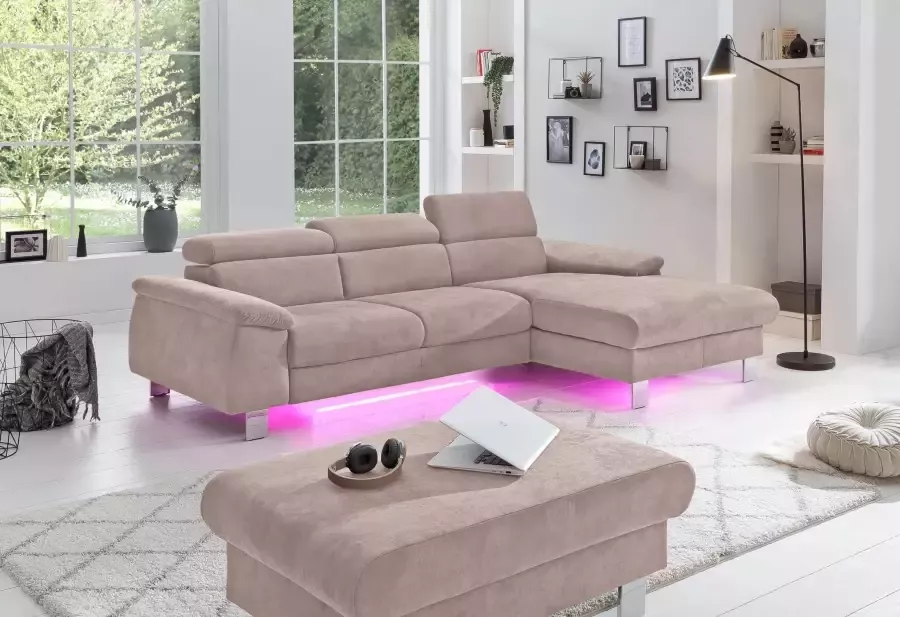 COTTA Hoekbank Komaris met verstelbare hoofdsteun resp. rugleuning naar keuze met slaapfunctie bedkist en rgb-ledverlichting