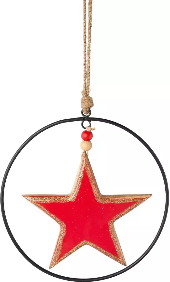 Creativ deco Sierster Kerstster kerstversiering rood met emaille-lak en metalen ring diameter ster 15 cm (3 stuks)