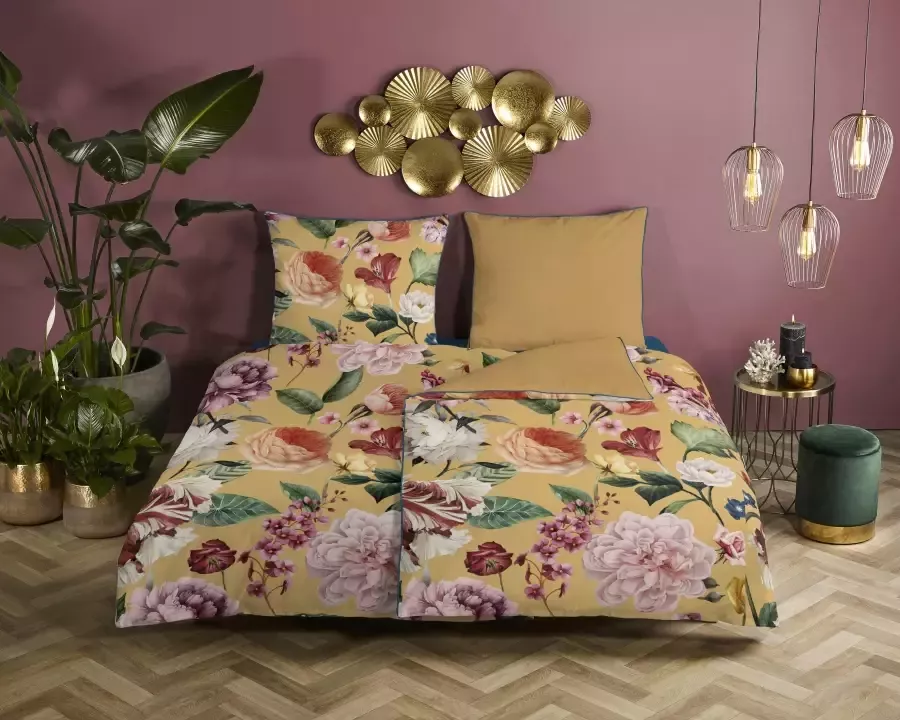 Descanso Tweezijdig te gebruiken overtrekset Fiori Katoen Satijn 135x200 Bies Rits Omkeerbaar Bloemen Zand