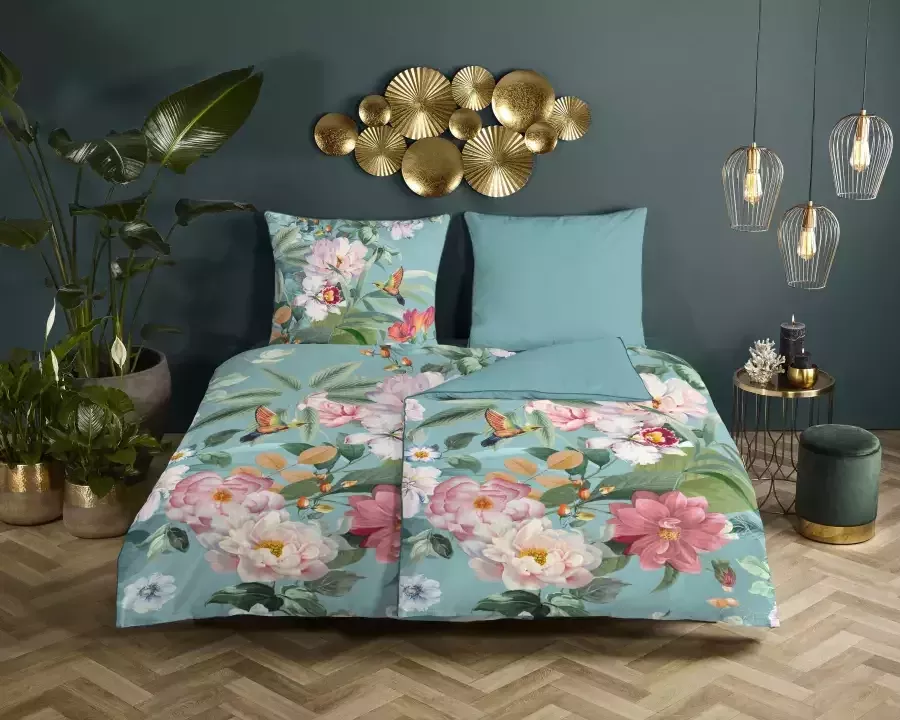 Descanso Tweezijdig te gebruiken overtrekset Fungi Katoen Satijn 135x200 Bies Rits Omkeerbaar Bloemen Turquoise