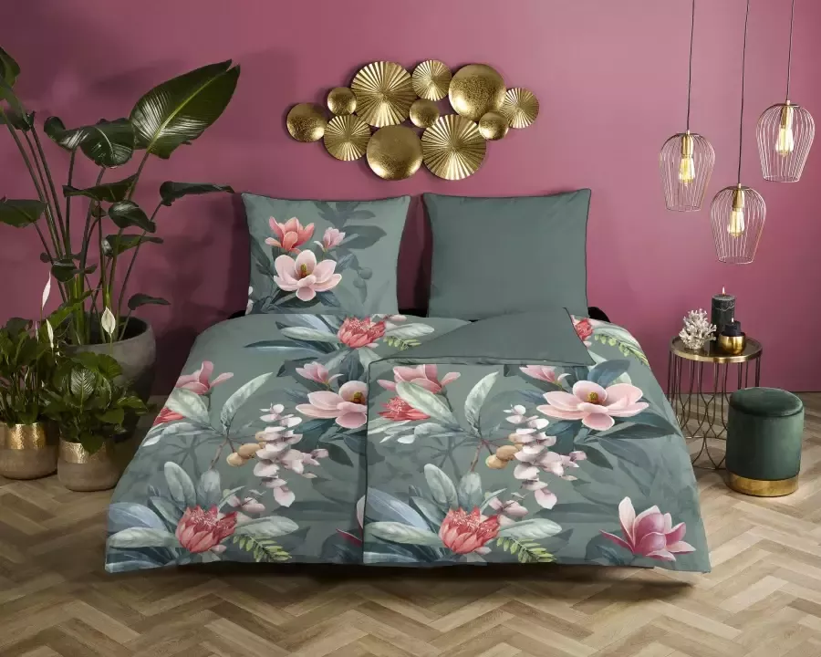 Descanso Tweezijdig te gebruiken overtrekset Parler Katoen Satijn 135x200 Bies Rits Omkeerbaar Bloemen Groen - Foto 2