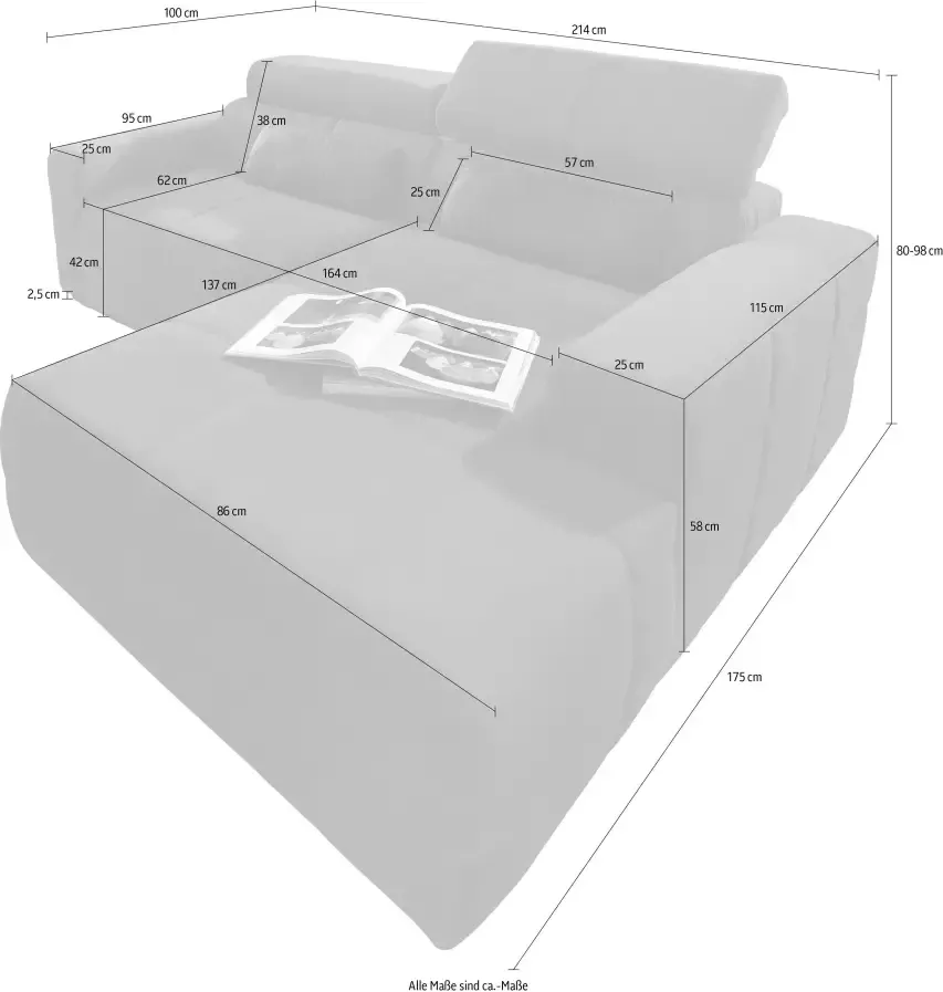 DOMO collection Hoekbank Brandon B T H: 214 100 80 cm L-vorm Met verstelbare hoofdsteun ook in leer en cord L-model