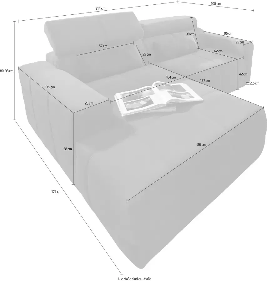 DOMO collection Hoekbank Brandon B T H: 214 100 80 cm L-Form Met verstelbare hoofdsteun ook in leer en cord L-model
