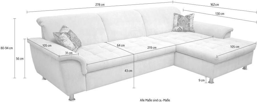DOMO collection Hoekbank Franzi stiksels op de zitting B7T H: 278x162x80 cm L-model naar keuze met slaapfunctie bedkist en verstelbare hoofdsteun - Foto 4
