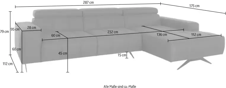 DOMO collection Hoekbank Trento L-vorm met sledevoet of enkele voet naar keuze met verstelbare hoofdsteun récamier links rechts bestelbaar - Foto 7