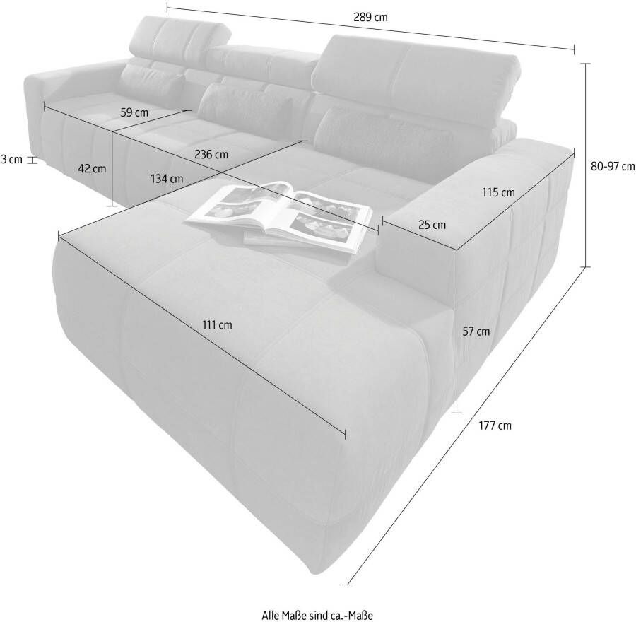 DOMO collection Hoekbank Brandon grote uitvoering B D H: 289 177 80 cm ook in leer en cord met hoofdsteunverstelling optionele zitdiepteverstelling l-vormig - Foto 2